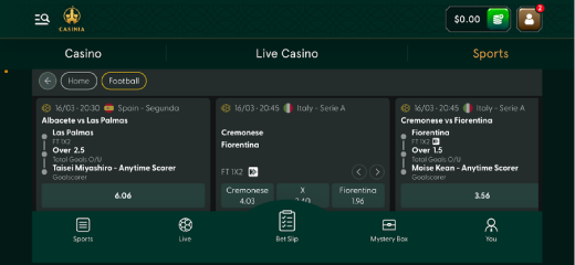 Casinia Online Casino: Sports markets