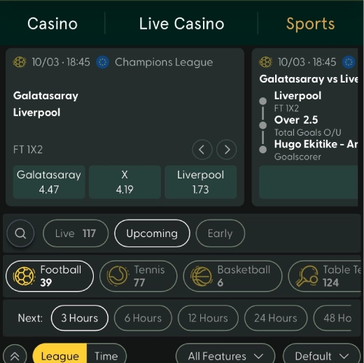 Casinia Online Casino: Sports betting odds
