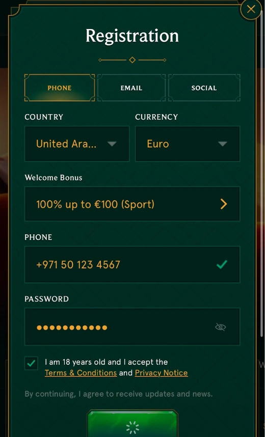 Casinia Online Casino: registration