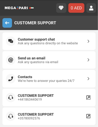 MegaPari Online Sportsbook: Customer support