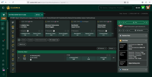 Casinia's interface