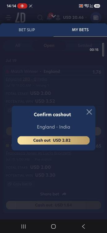 نافذة تأكيد السحب المبكر Cash Out في LuckyDreams لمباراة England ضد India