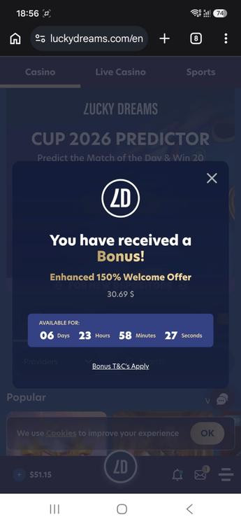 نافذة المكافأة الترحيبية المعززة 150% بقيمة 30.69 دولار في LuckyDreams