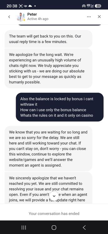 محادثة دعم العملاء في LuckyDreams مع الموظف Peter دون حل للمشكلة
