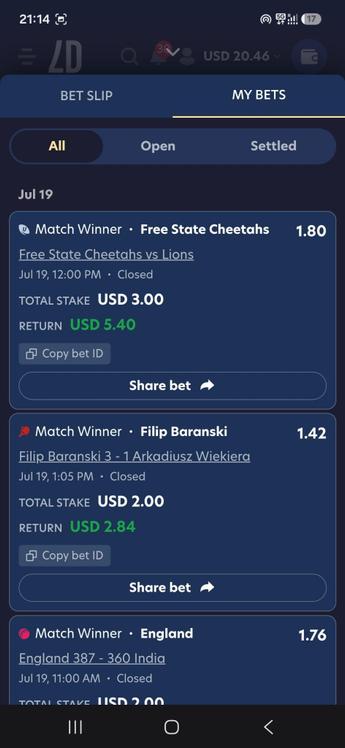 قسيمة رهانات My Bets في LuckyDreams تعرض رهانات موثقة مع النتائج