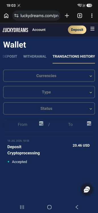 لقطة شاشة تأكيد الإيداع في LuckyDreams بقيمة 20.46 دولار عبر العملات الرقمية