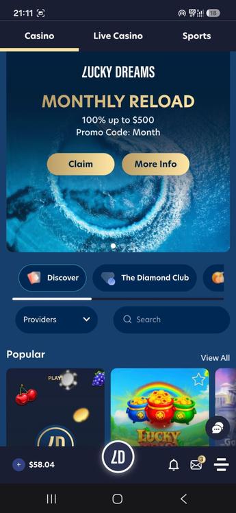 الشاشة الرئيسية لتطبيق LuckyDreams على أندرويد تعرض قسم الكازينو افتراضياً