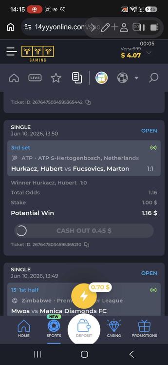 رهان مباشر مع خيار Cash Out في YYY Sport أثناء مباراة تنس
